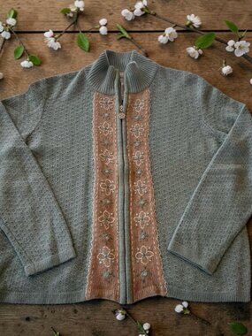 Vintage 1990s Napa Valley Sage‎ Green Floral Beaded Full Zip Sweater Small